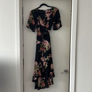 Ark NC Black Short Sleeve Floral Wrap Midi Dress (M)